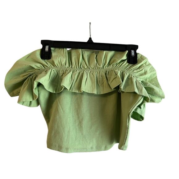 Zara Womens Ruffle Off the Shoulder Crop top, Green Ribbed Stretch Brat Sz-L - Picture 1 of 4